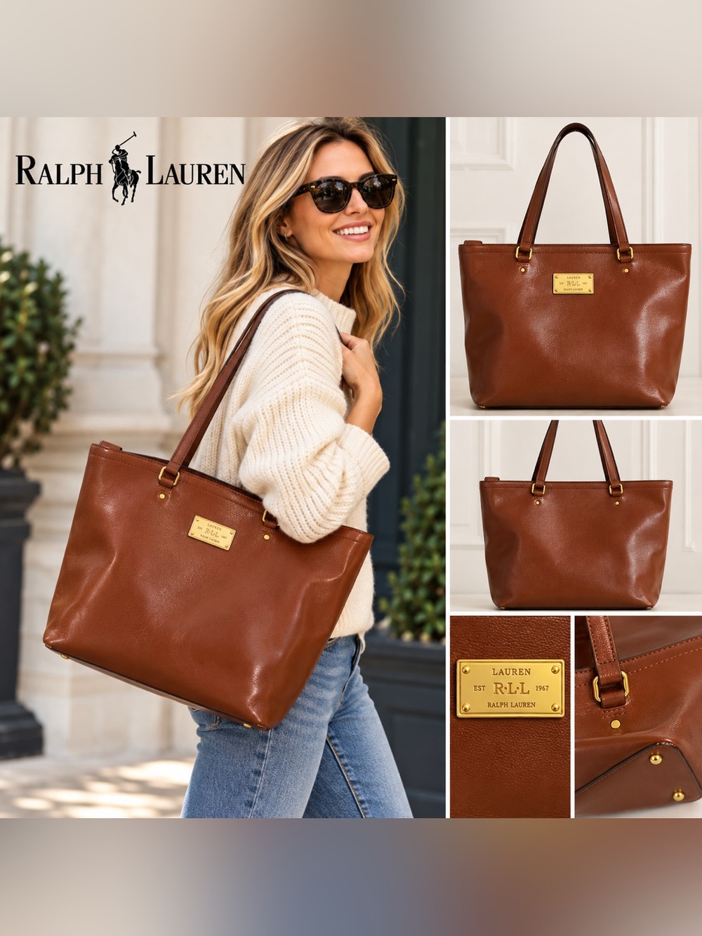 Lauren Ralph Lauren Brown Leather Tote Bag Gold Hardware
